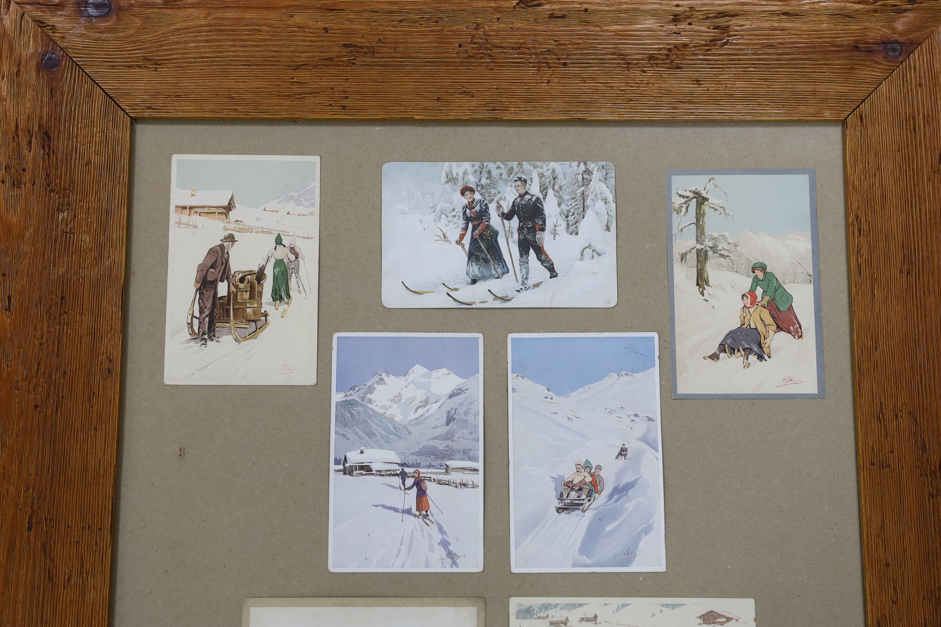 Carlo Pellegrini (1866-1937), seven assorted ski-ing theme postcards, framed as one